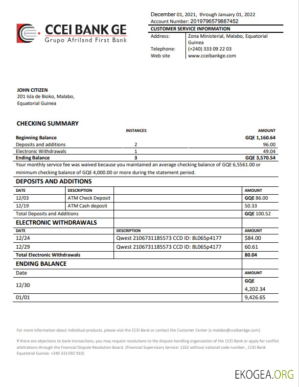 Modèle de relevé bancaire CCEI de Guinée équatoriale, format Word et PDF